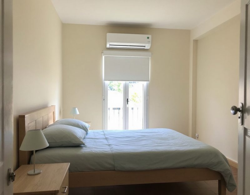Climatisation murale dans une chambre, volet roulant baissé